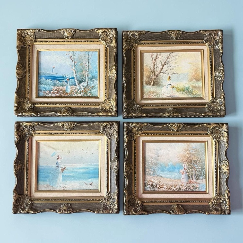 VTG Set 4 Original Oil Paintings Ornate Gold Frames French Country Cottage Decor